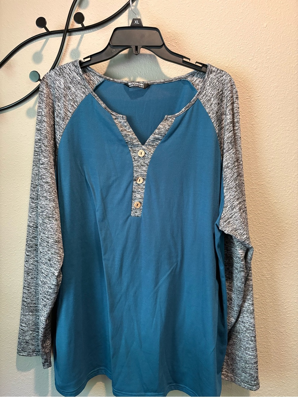 Blue Raglan Henley Top with Gray Sleeves - Bloomchic